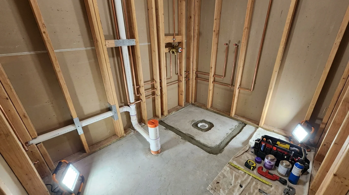 Bathroom rough-in plumbing during remodel by Johns Plumbing LLC in Ephraim