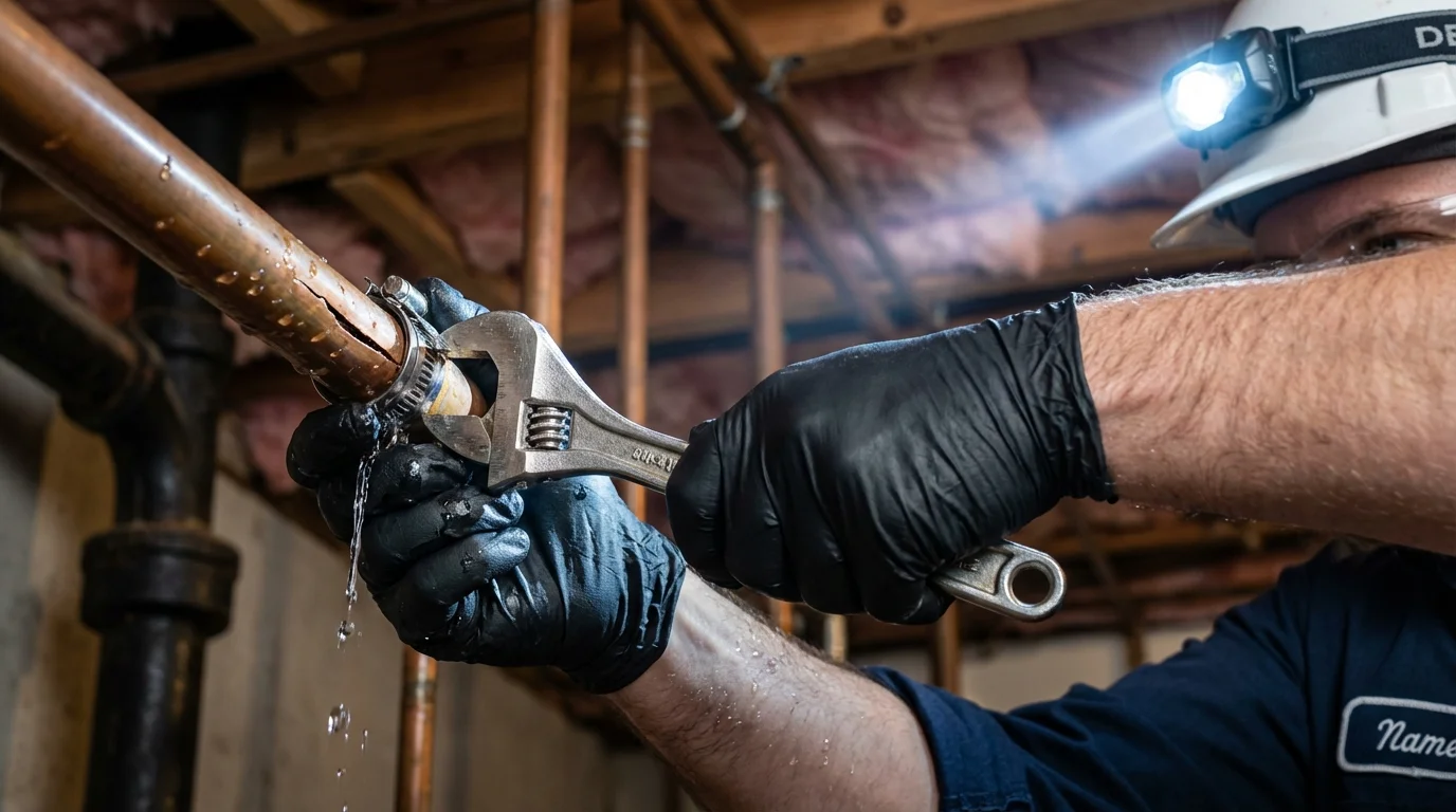 Emergency pipe clamp repair being performed by a Johns Plumbing LLC plumber in Ephraim