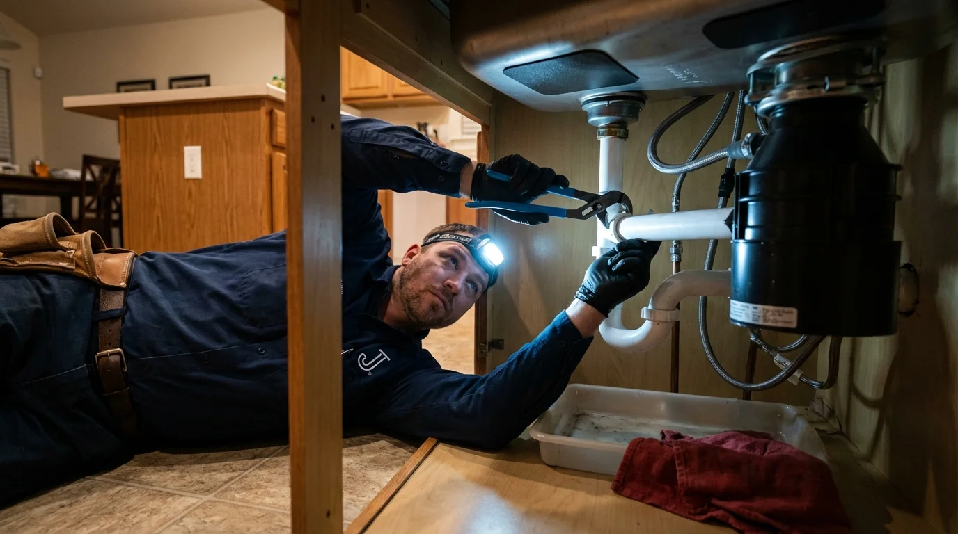 P-trap and supply line connections under a kitchen sink showing a common leak point in Ephraim, UT